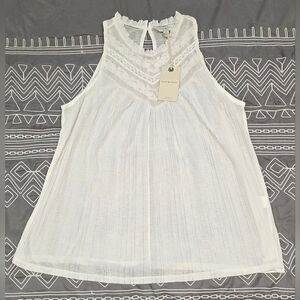 Lucky Brand White Lace Yoke Mock Neck Swing Tank Top Size Medium